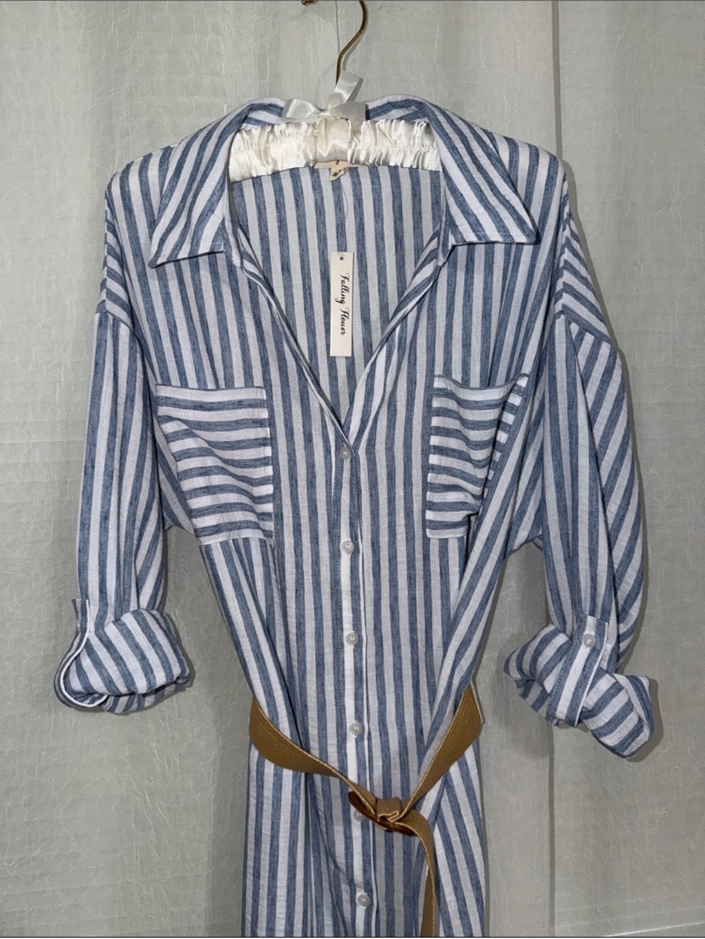 Falling Flower L Blue and White Striped Button-Up Tab Long Sleeve Shirt Dress - Picture 7 of 14